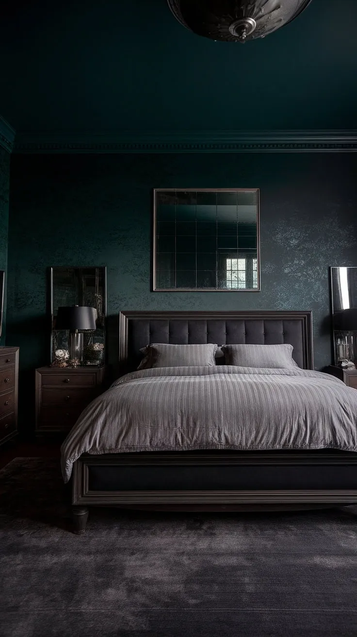 This dark romantic master suite features moody dark green walls, a king-size bed with light grey bedding, and a calming ambiance created by dark wallpaper and furnishings.
