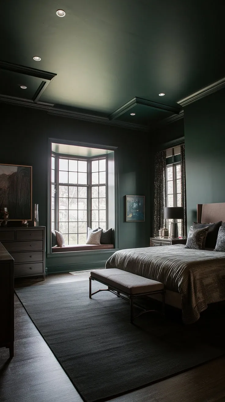 This dark romantic master suite features moody dark green walls and sultry tones, creating a calming atmosphere in a bedroom that is both light and moody.