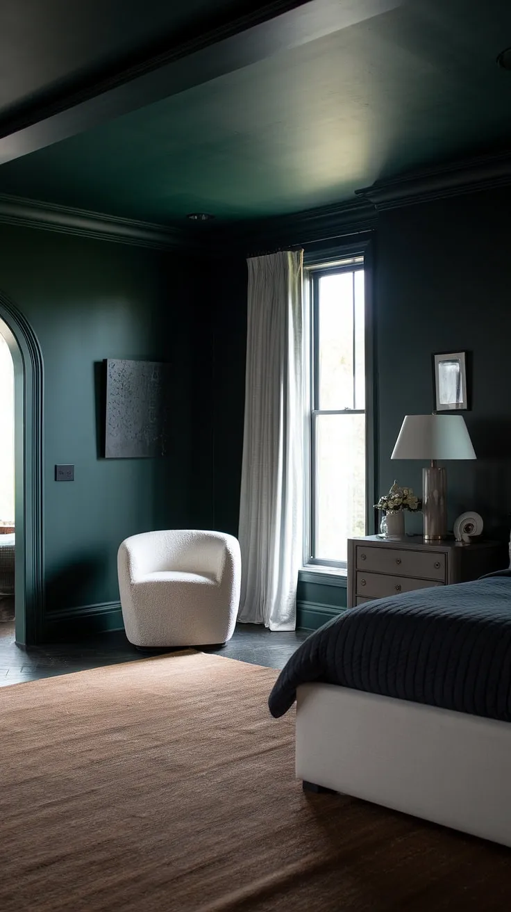 This moody master bedroom features dark green walls and a dark grey ceiling, creating a dark romantic master suite with a calming ambiance.