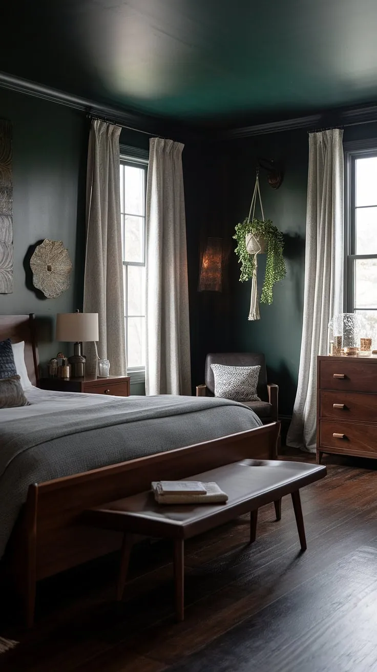 This dark and sultry master bedroom features calming dark green walls, a wooden bed with cozy gray bedding, and elegant decor that creates a romantic and moody atmosphere.