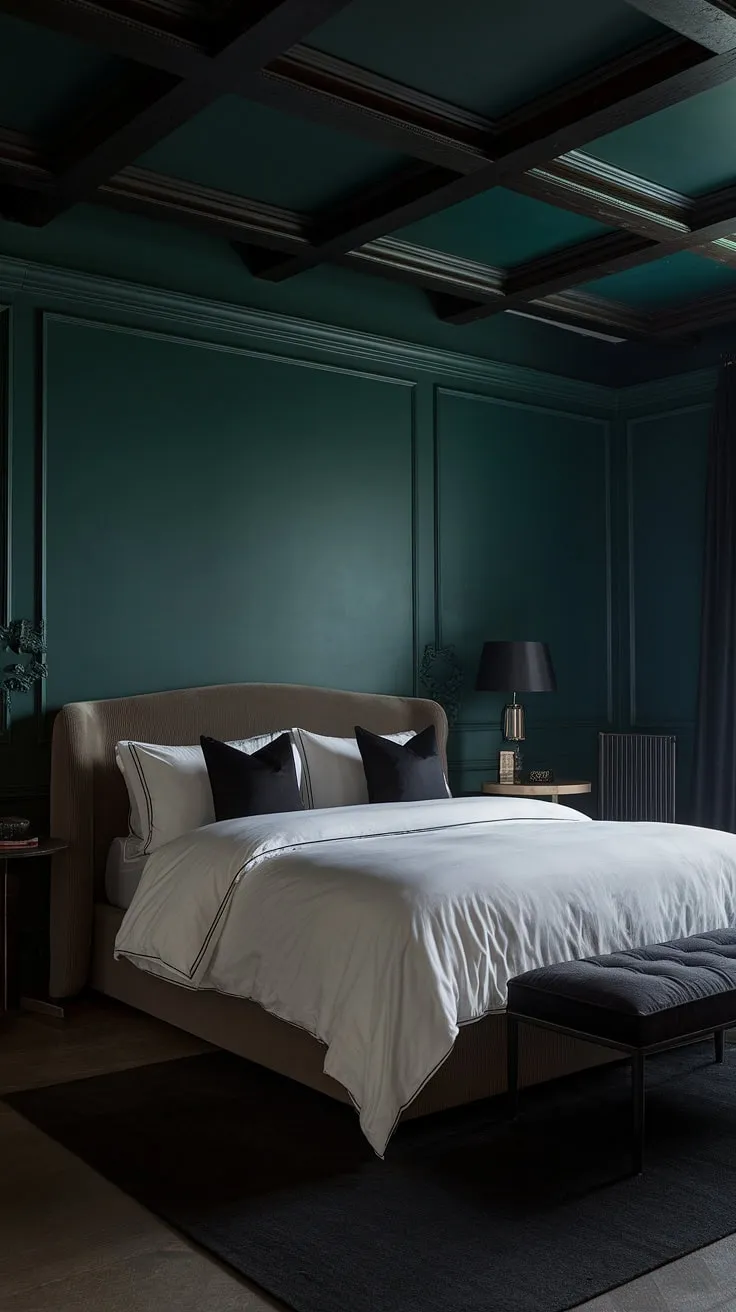 This dark romantic master suite features moody dark green walls, a large bed with a white duvet and black pillows, and a calming ambiance enhanced by dark wood beams and a plush rug.