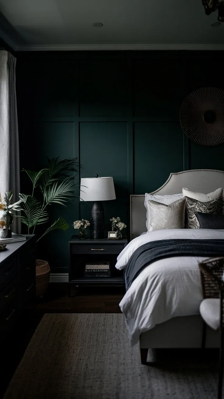 The moody master bedroom, adorned with dark wallpaper and a dark green accent wall, exudes a light yet sultry vibe perfect for relaxation.