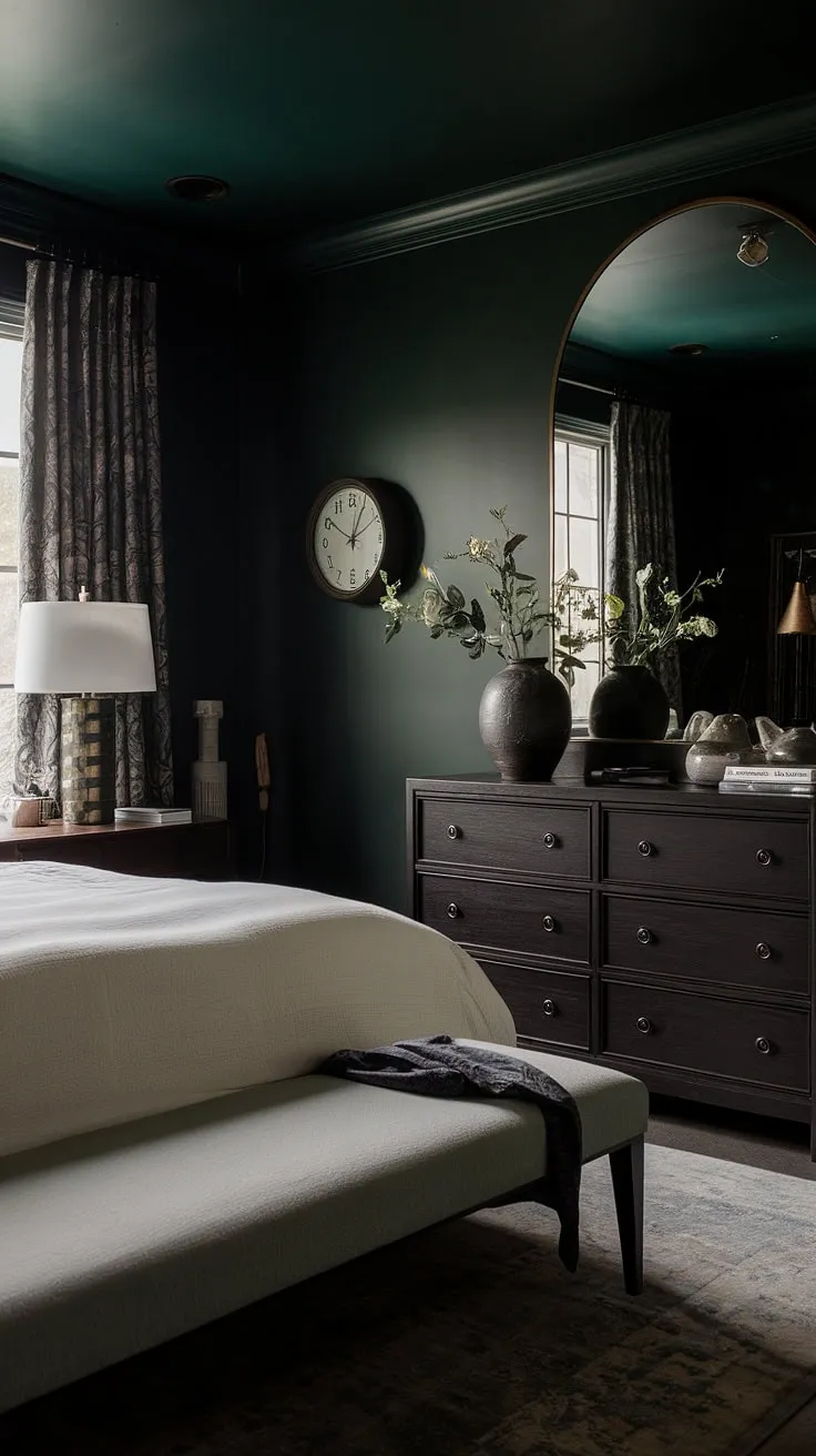 The bedroom dark and moody features sultry dark wallpaper, a dark wooden dresser, and decorative accents that enhance its light and moody vibe.