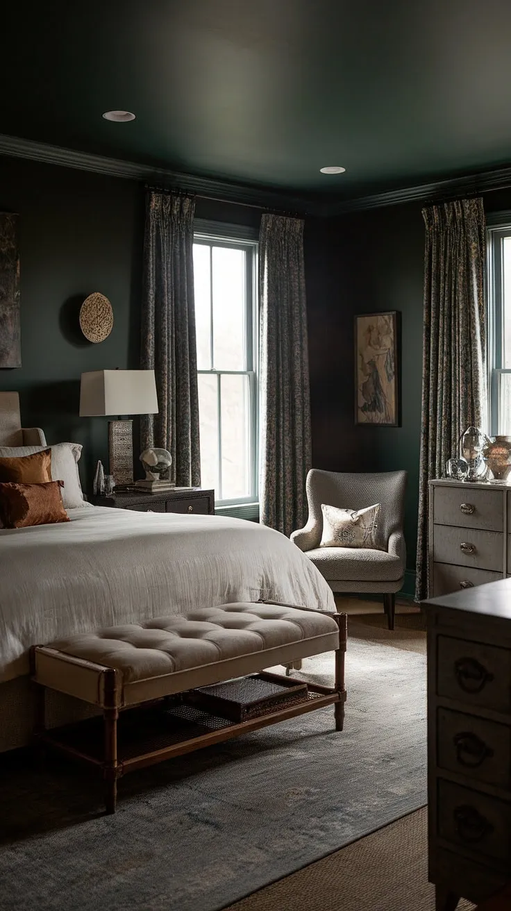 This dark romantic master suite features moody dark green walls and sultry decor, creating a calming and inviting atmosphere.