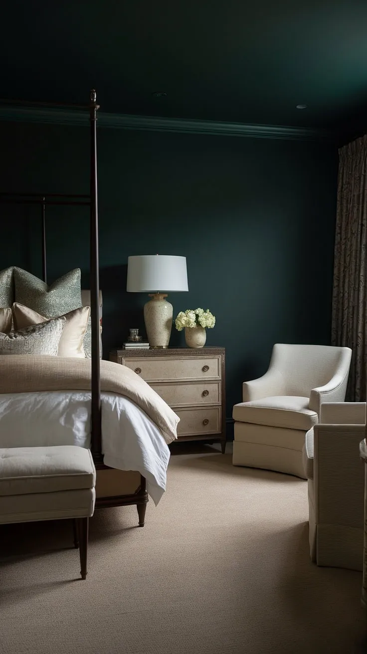 The bedroom with dark wallpaper and a light and moody aesthetic showcases a blend of dark and sultry tones, highlighted by a cozy beige chair and soft beige carpeting.