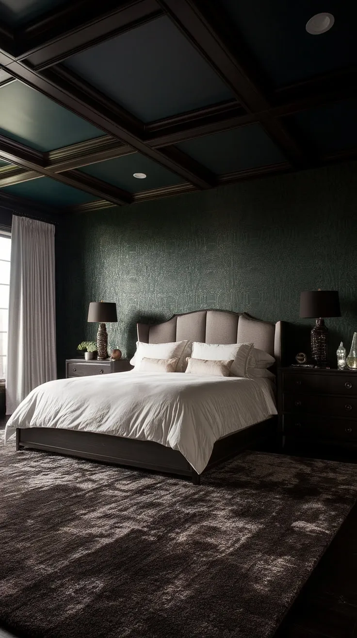 This dark romantic master suite features moody dark green walls, a plush grey rug, and crisp white sheets, creating a calming yet sultry atmosphere.