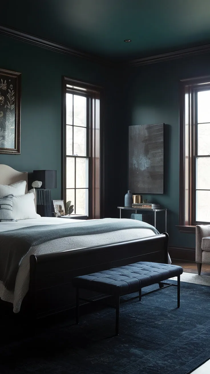 This moody master bedroom features dark green walls and a dark wood bed frame, creating a dark romantic master suite that balances sultry elegance with calming light.