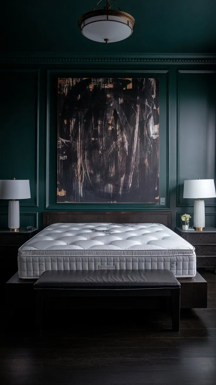 With its dark wallpaper and elegant furnishings, this dark and moody bedroom exudes a captivating ambiance perfect for relaxation.