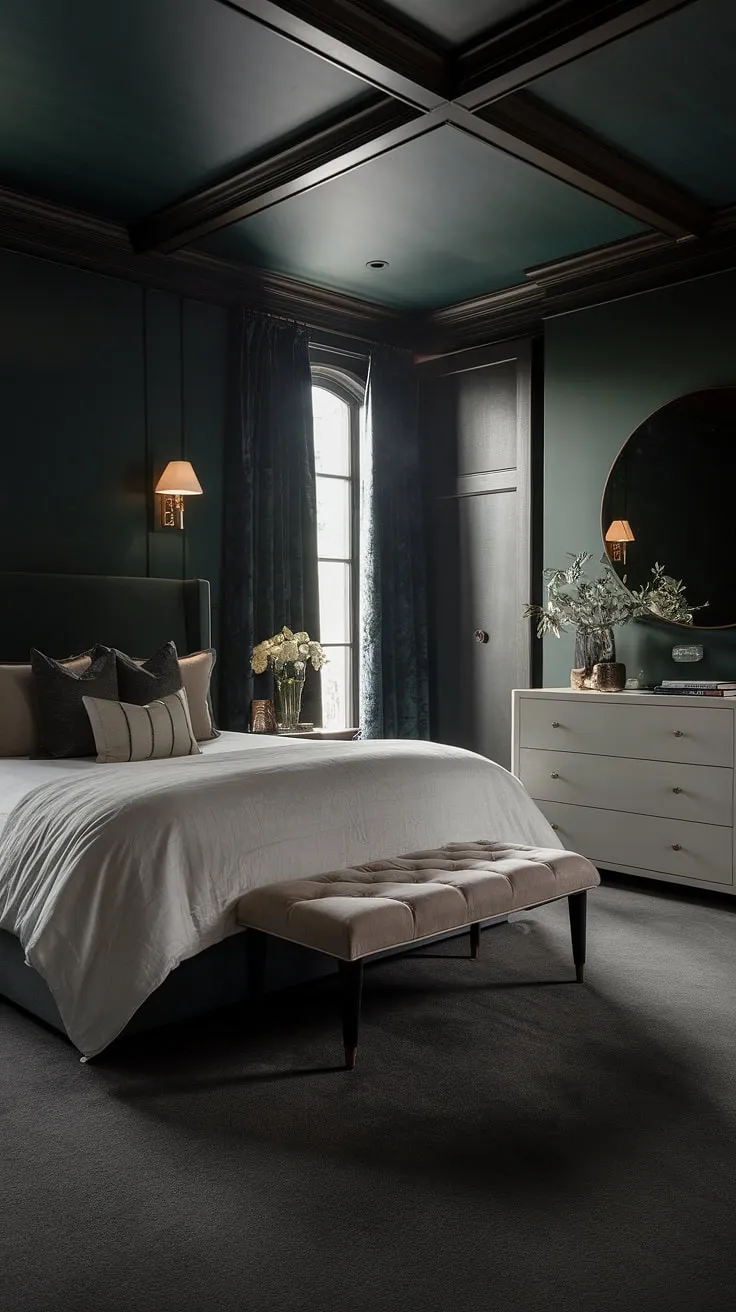 This dark romantic master suite features dark green walls and sultry tones, creating a calming and moody atmosphere perfect for relaxation.