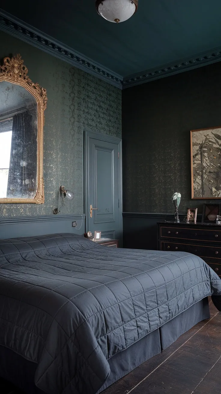 The bedroom's dark wallpaper and rich furnishings evoke a light and moody ambiance, perfect for a cozy retreat.
