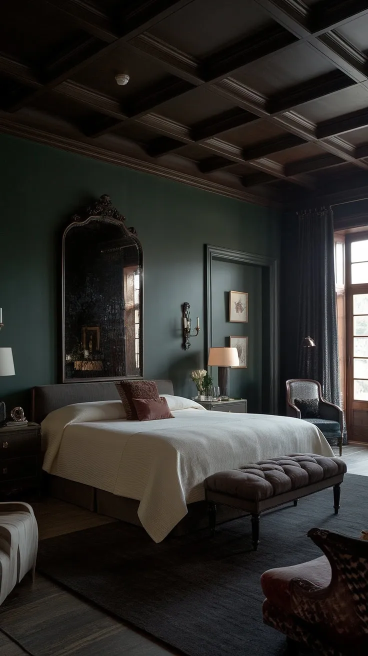 This dark romantic master suite features moody dark green walls, a king-sized bed with a white bedspread, and an ornate mirror, creating a calming and sultry atmosphere.