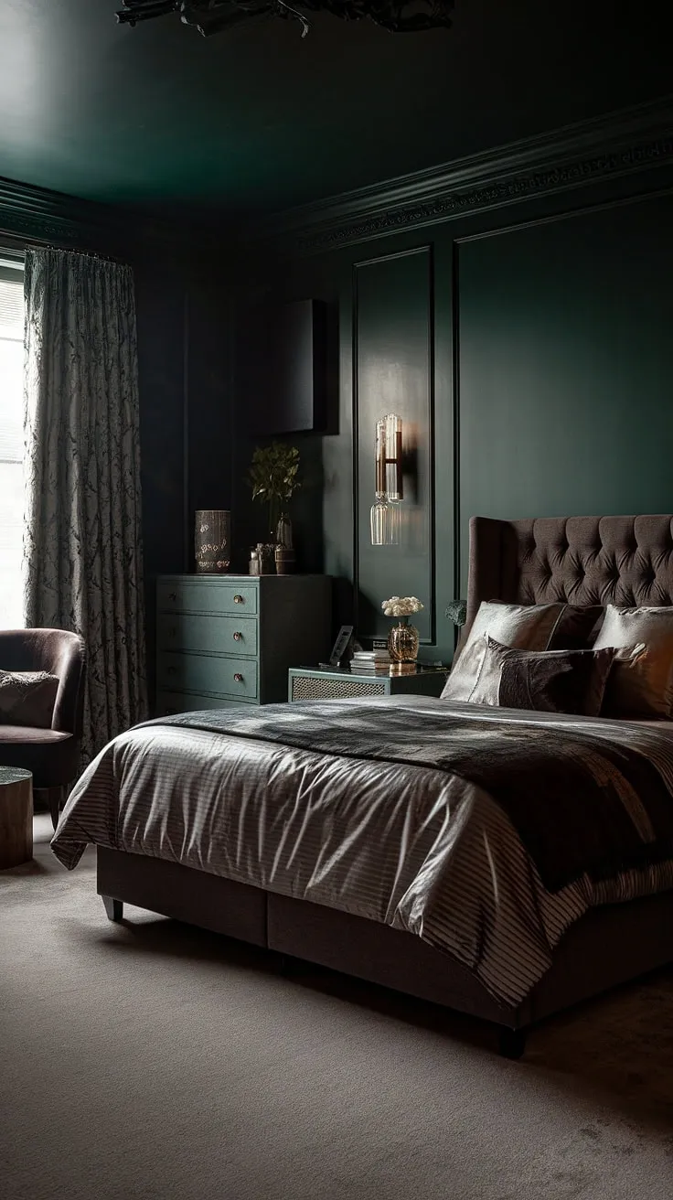 With its dark wallpaper and plush furnishings, this dark and moody bedroom offers a light and moody ambiance perfect for relaxation.