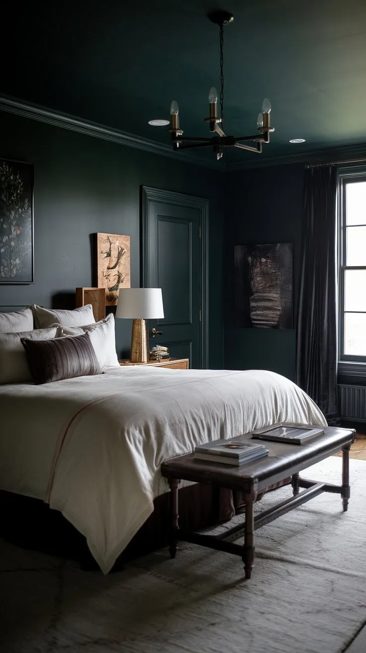 The bedroom's dark wallpaper and elegant chandelier enhance its light and moody vibe, making it a perfect retreat for relaxation.