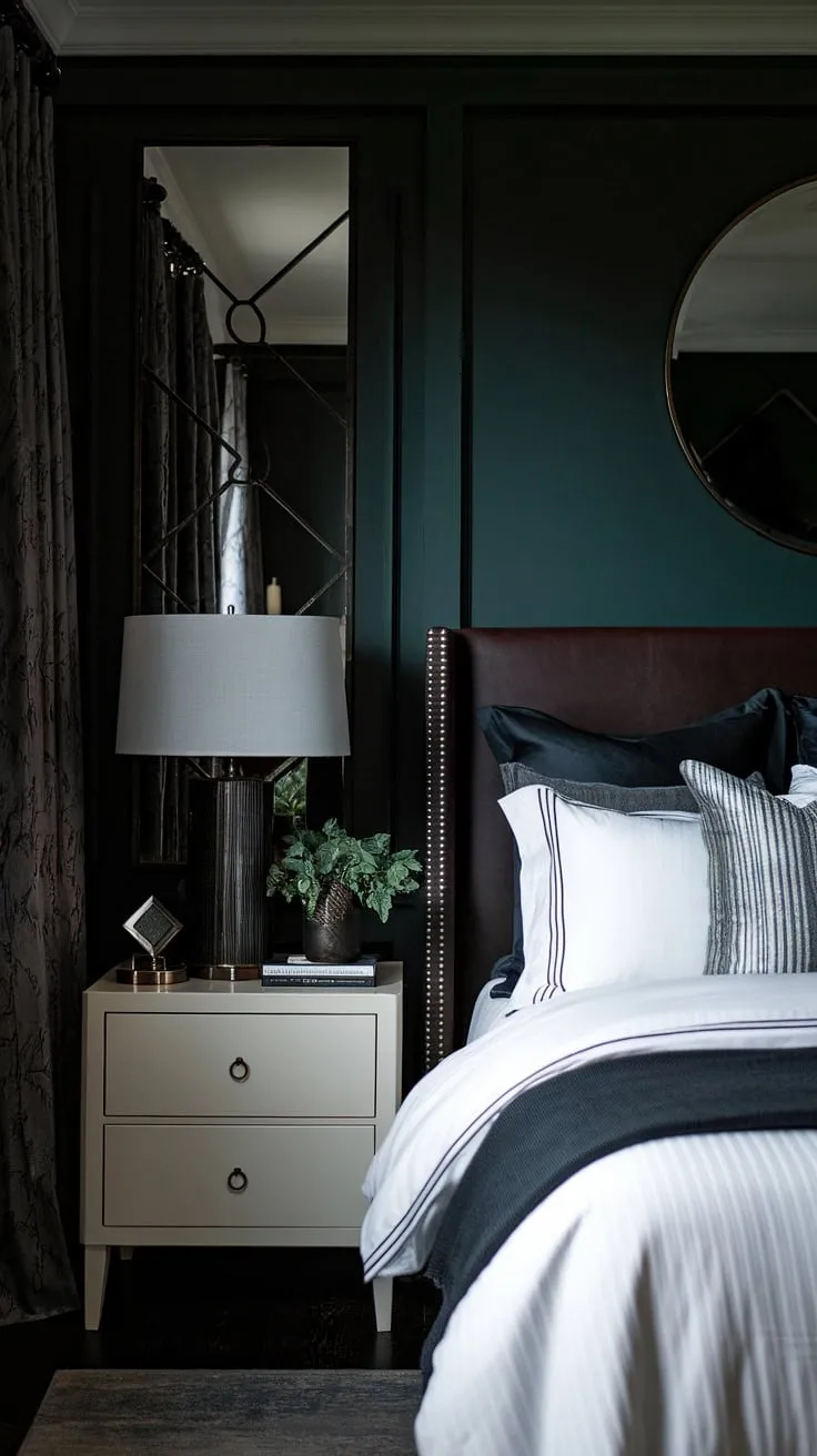 This dark romantic master suite features dark green walls and sultry tones, creating a calming and moody atmosphere perfect for relaxation.