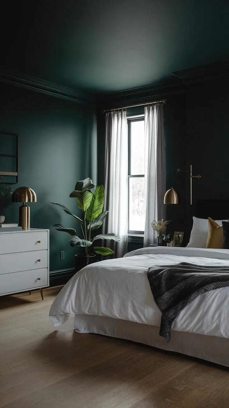 This dark romantic master suite features moody dark green walls and sultry tones, creating a calming atmosphere with a stylish white duvet and gold accents.