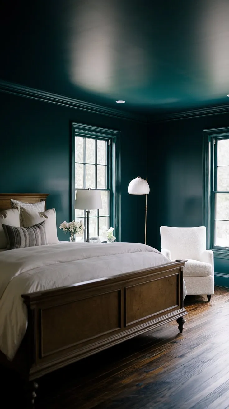 This dark and sultry master bedroom features deep green walls and a calming atmosphere, creating a romantic retreat with its moody decor and elegant furnishings.