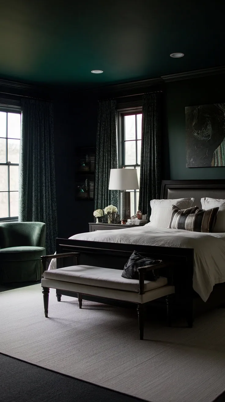 This dark romantic master suite features moody dark green walls, a dark wooden bed frame, and a sultry ambiance enhanced by dim lighting and elegant decor.