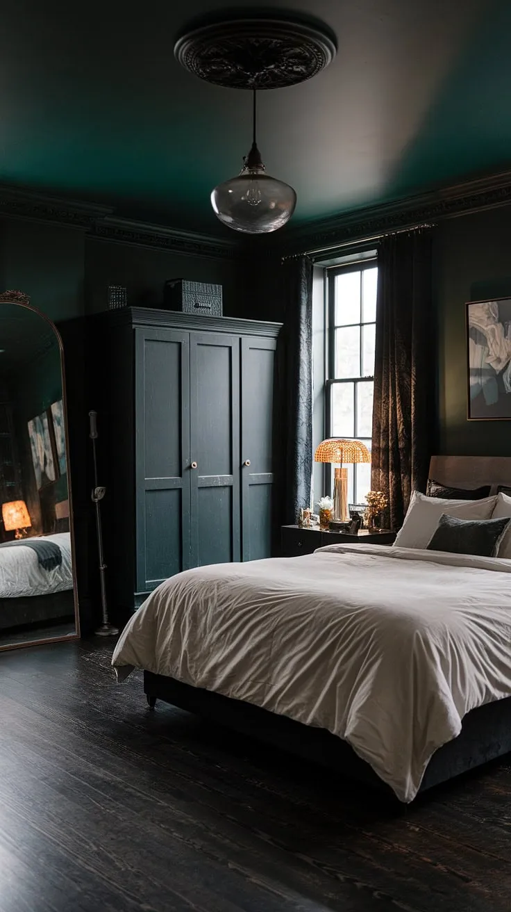 The bedroom with dark wallpaper and rich furnishings exudes a dark and moody elegance, making it an inviting retreat.