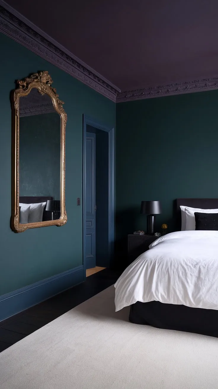 This dark and sultry master bedroom features dark green walls and a purple ceiling, creating a moody and romantic atmosphere with its ornate gold mirror and soft lighting.