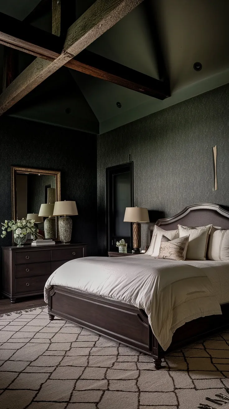 The dark and sultry bedroom showcases a large bed with white bedding against rich dark tones, complemented by a geometric rug and warm lighting for a light and moody ambiance.
