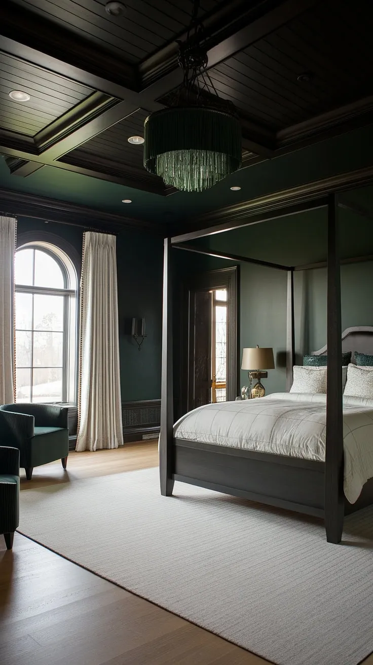 The bedroom with dark wallpaper showcases a king-size bed and a striking dark green chandelier, blending light and moody elements for a captivating retreat.