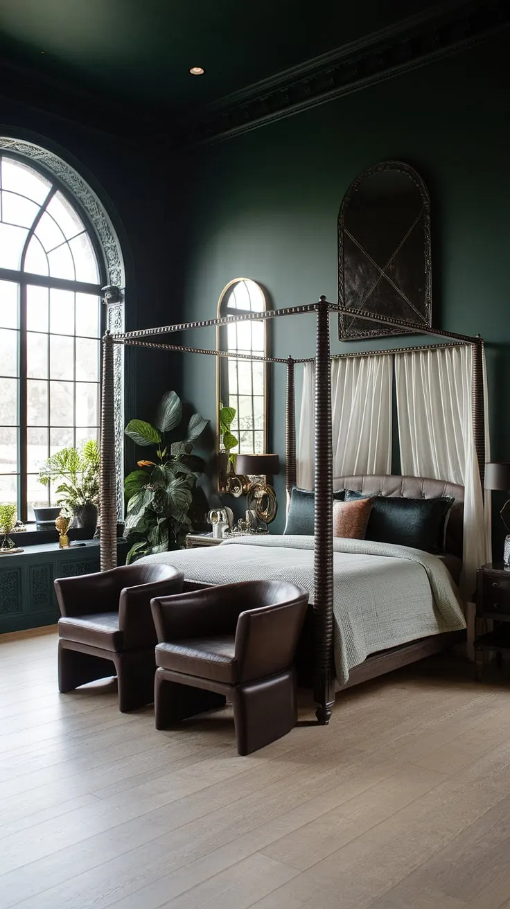 This dark and sultry master bedroom features calming dark green walls, a romantic ambiance, and elegant decor that creates a moody and inviting retreat.
