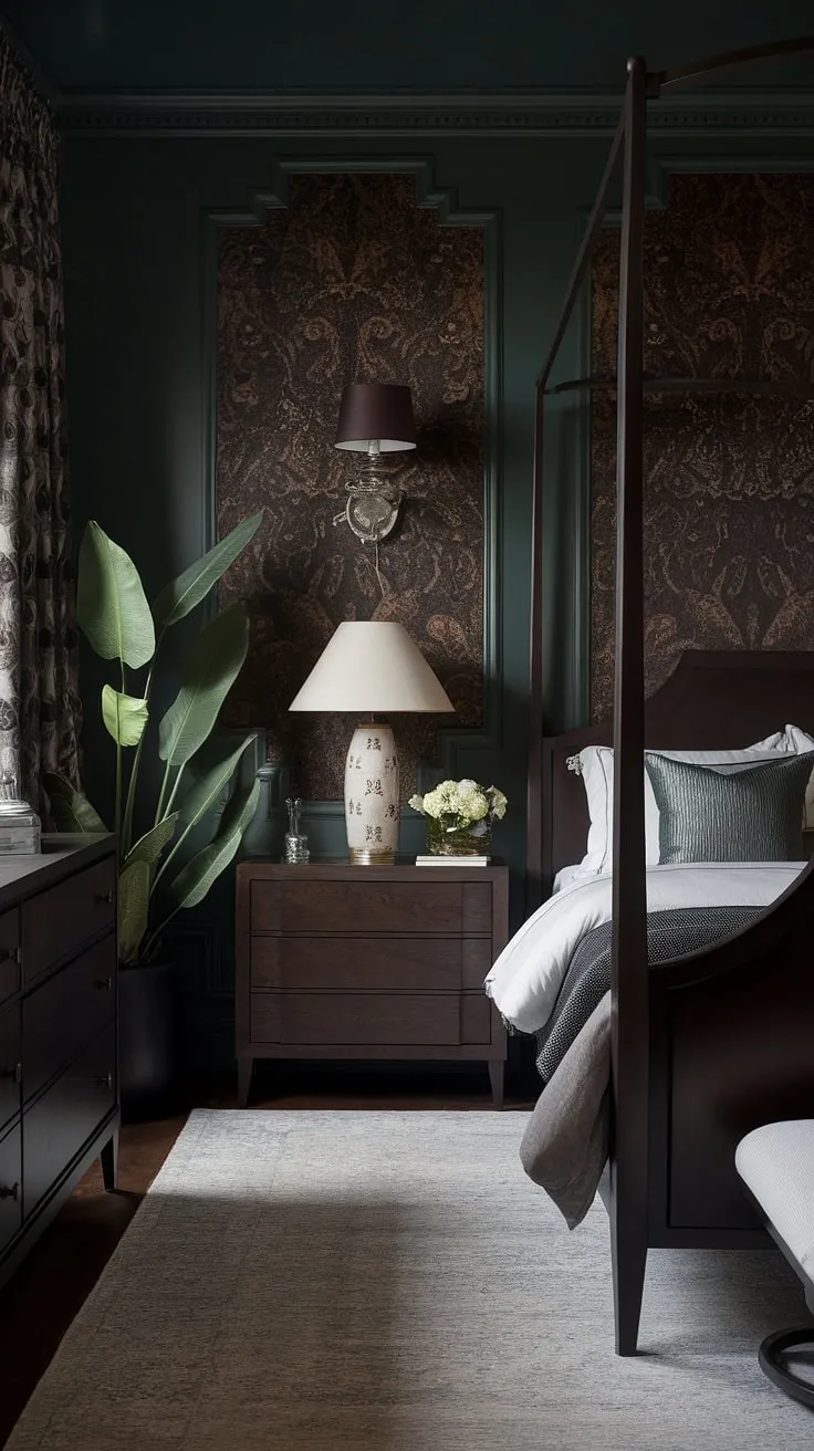 The bedroom with dark wallpaper and a dark wood bed frame exudes a light and moody vibe, perfect for a cozy retreat.