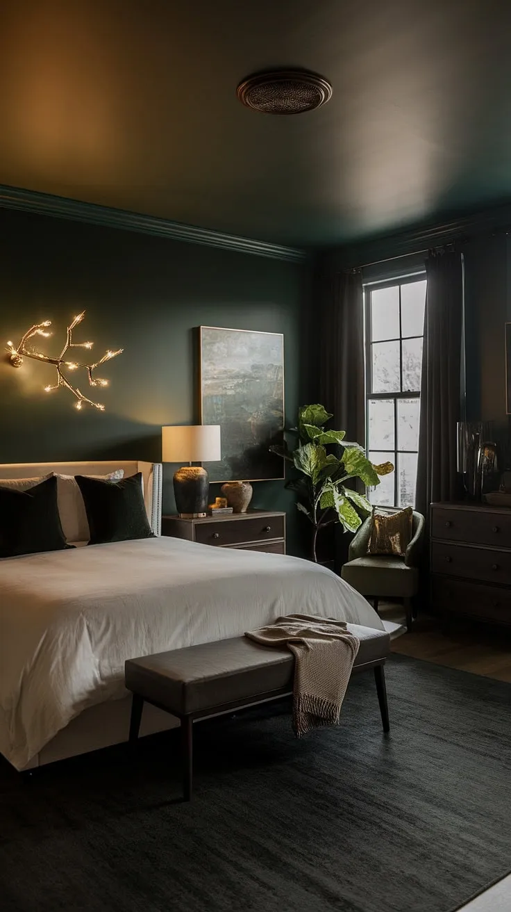 The moody master bedroom, adorned with dark wallpaper and a unique light fixture, exudes a romantic charm with its dark green accents and cozy decor.