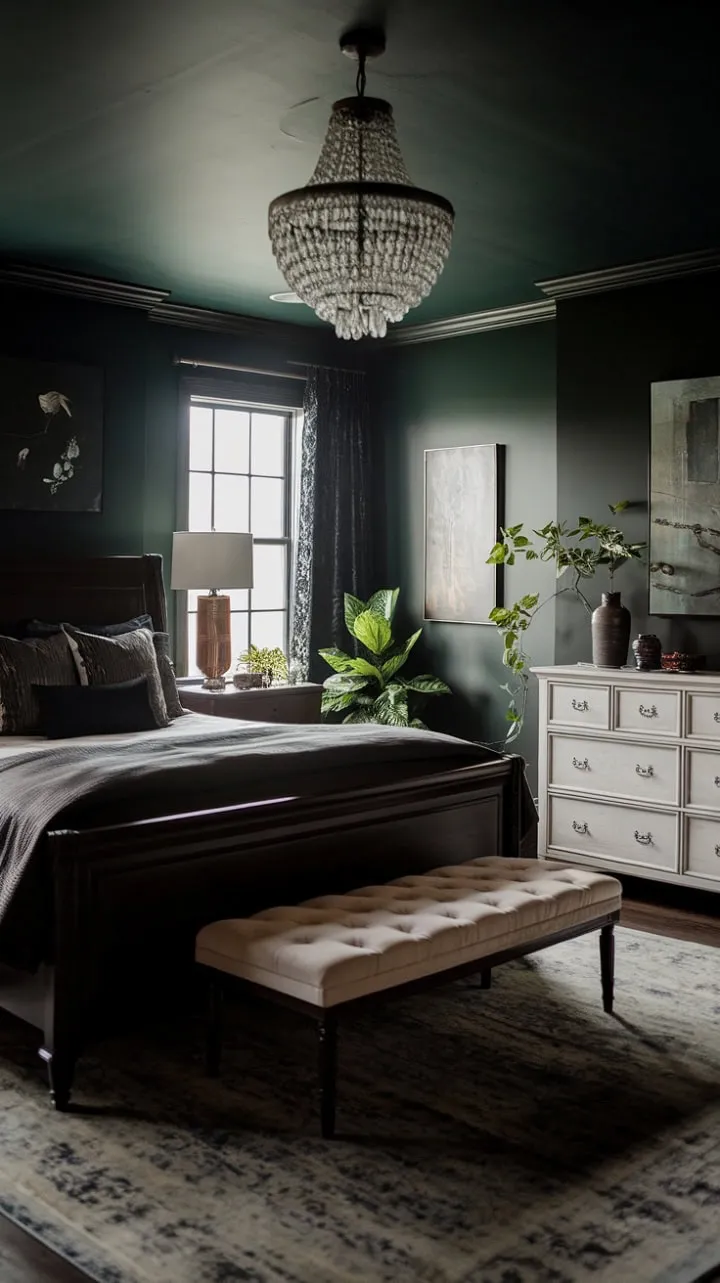This master bedroom sanctuary, with its dark green walls and luxurious wooden bed, offers a sophisticated escape adorned with a striking white chandelier and personalized accents for ultimate relaxation.