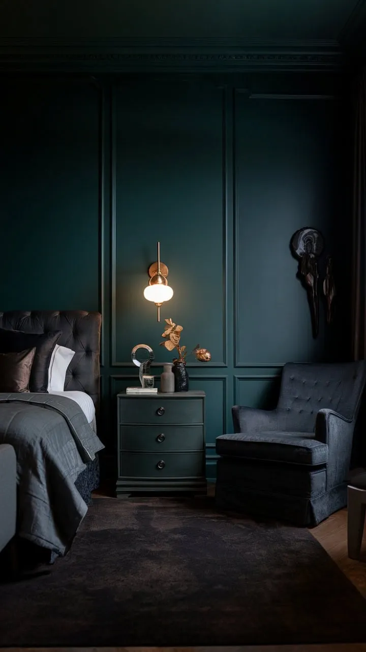 Experience serene luxury in a master suite where dark green walls and soft lighting create a romantic haven of sophisticated comfort.