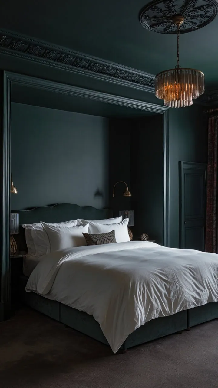 Experience a luxurious retreat in this master bedroom, where dark green walls and a gilded ceiling envelop you in serene sophistication, illuminated by the enchanting glow of a chandelier.