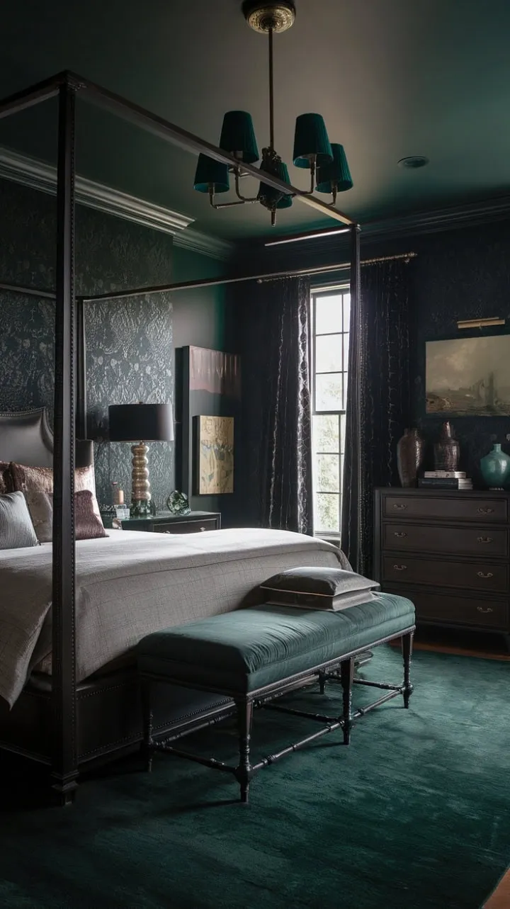 Indulge in a sultry sanctuary where deep greens and luxurious textures weave a tapestry of dark romance and intimate elegance.