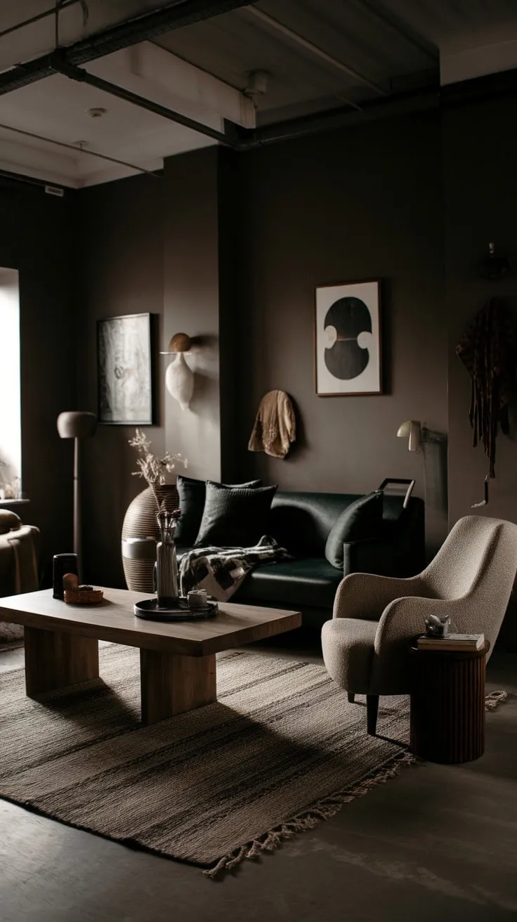 In a minimalist living room, dark walls cradle a cozy retreat where a deep green sofa and organic textures harmonize under the gentle glow of natural light.
