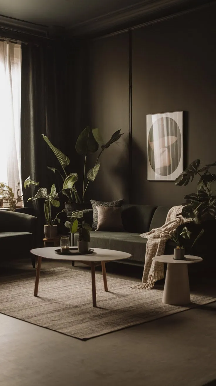 This moody living room, with its deep green sofa and minimalist charm, offers a chic sanctuary for cozy evenings and intimate gatherings.