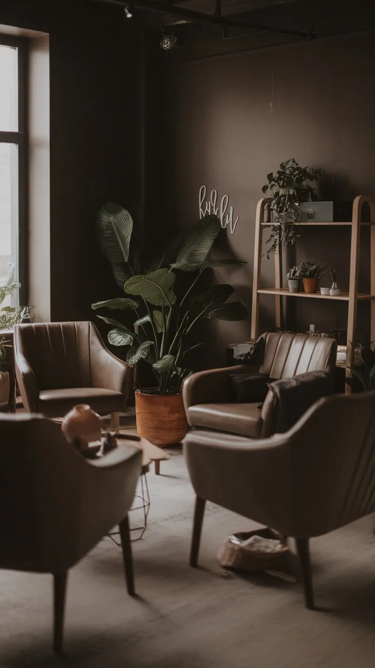 This minimalist living room combines dramatic dark walls and serene greenery to create a modern sanctuary of tranquility and sophisticated design.
