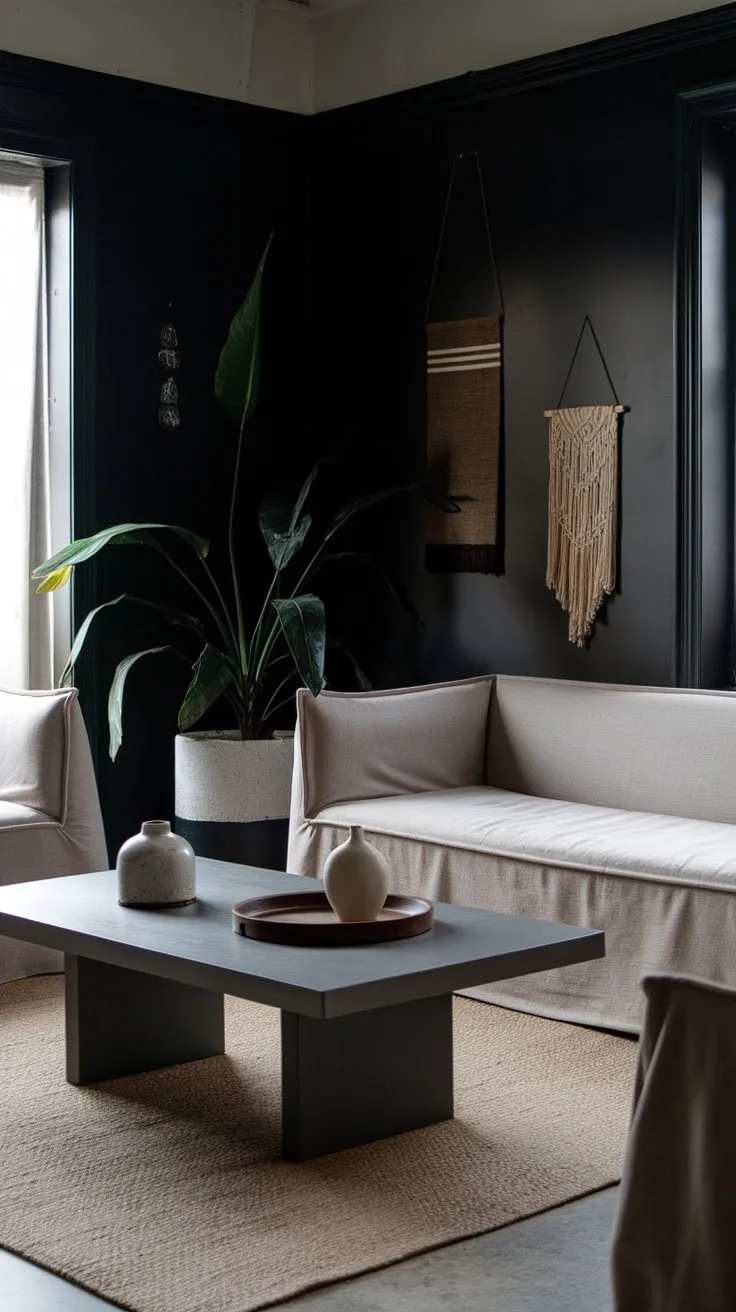 This minimalist living room, with its soothing colors and delicate textures, offers a serene retreat that beautifully balances light, shadow, and nature.