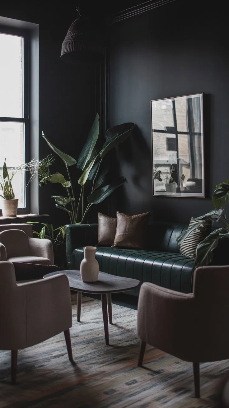 Bathed in twilight, this moody minimalist living room harmoniously blends modern and bohemian styles, creating a serene sanctuary adorned with deep greens and lush greenery.
