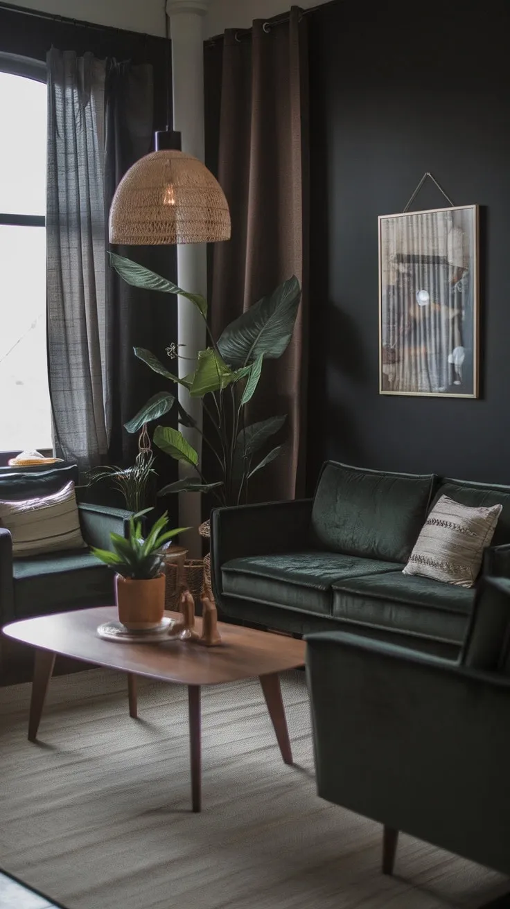 In a cozy minimalist living room, dark walls and earthy tones cradle a deep green sofa, inviting serene sophistication for intimate gatherings and quiet evenings.