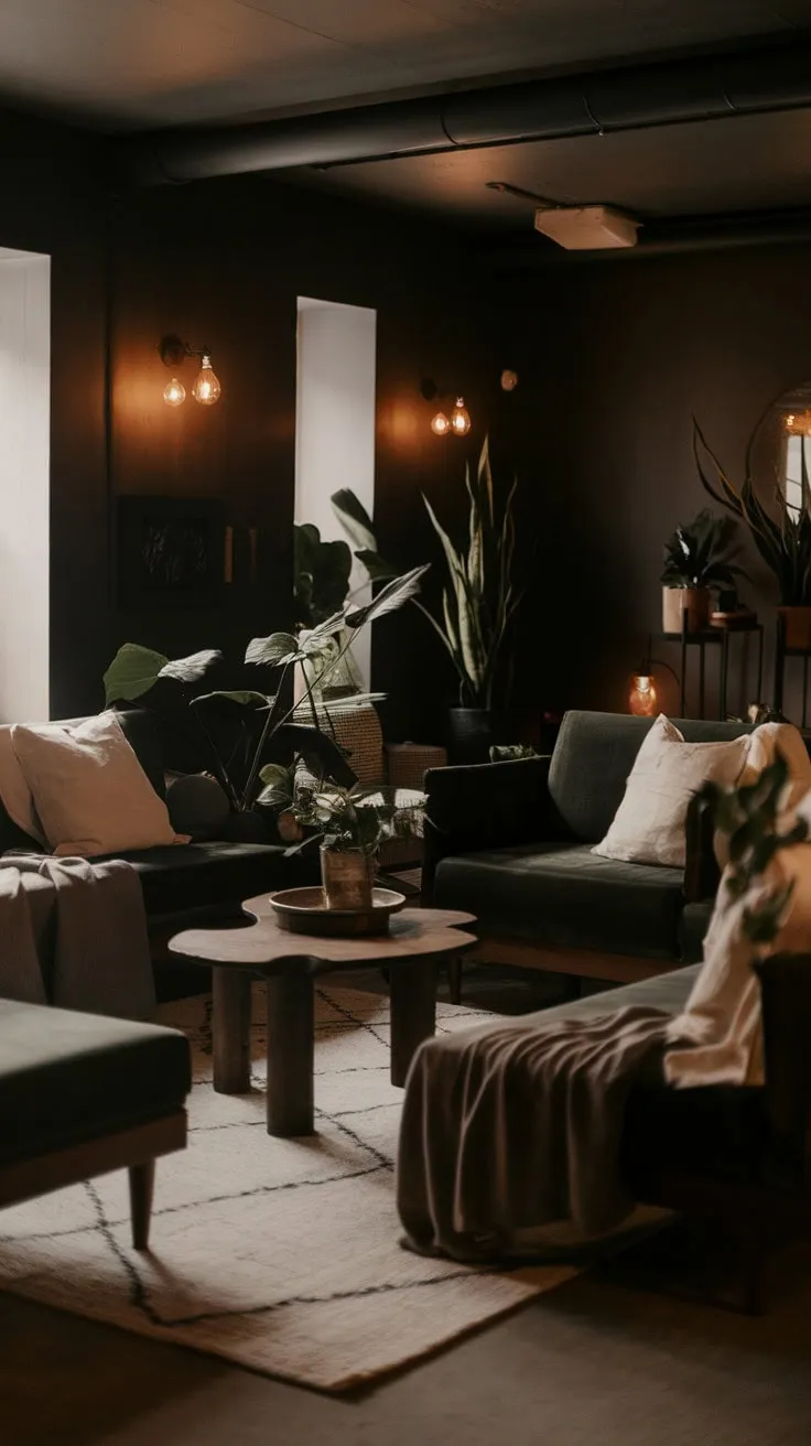 In this moody haven, dark walls and warm lighting cradle a deep green couch, creating a serene sanctuary of understated elegance and effortless cool.