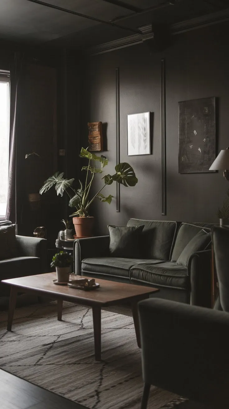 In a sanctuary of understated elegance, dark walls and a deep green sofa invite you to unwind with a book, surrounded by curated art and greenery that whisper personality and tranquility.