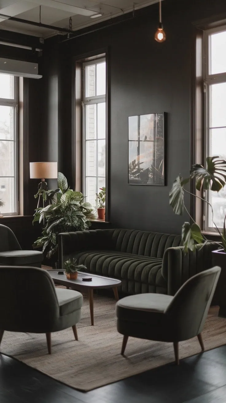 This modern boho haven, adorned with dark walls and lush greenery, masterfully combines comfort and style into an effortlessly chic retreat.