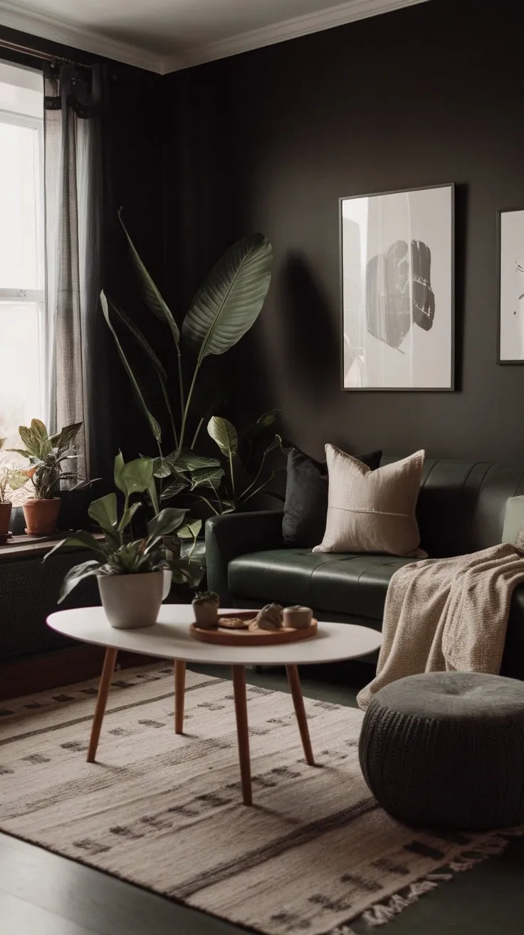 This moody neutral living room artfully combines a dark green sofa with airy white accents and natural elements, creating a serene sanctuary of modern bohemian elegance.