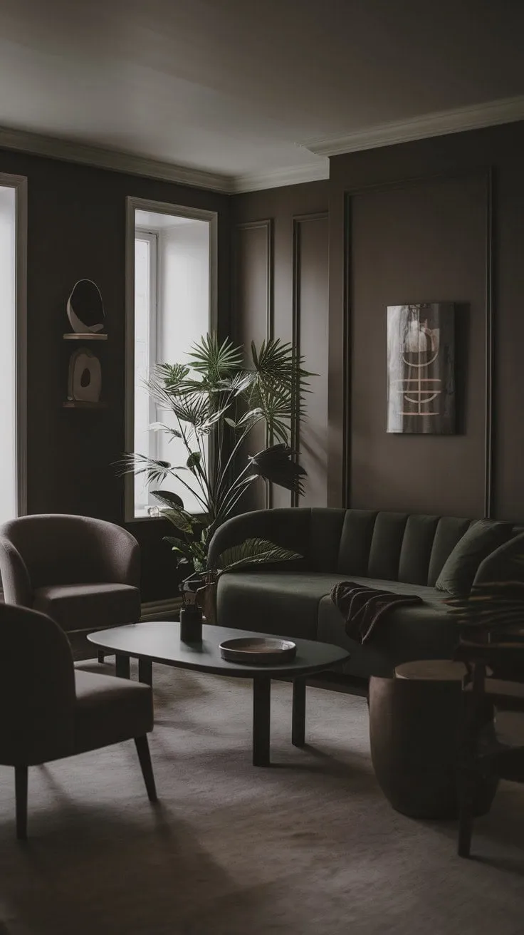 This serene living room, adorned in deep greens and soft lighting, offers a minimalist sanctuary for tranquil contemplation and relaxation.