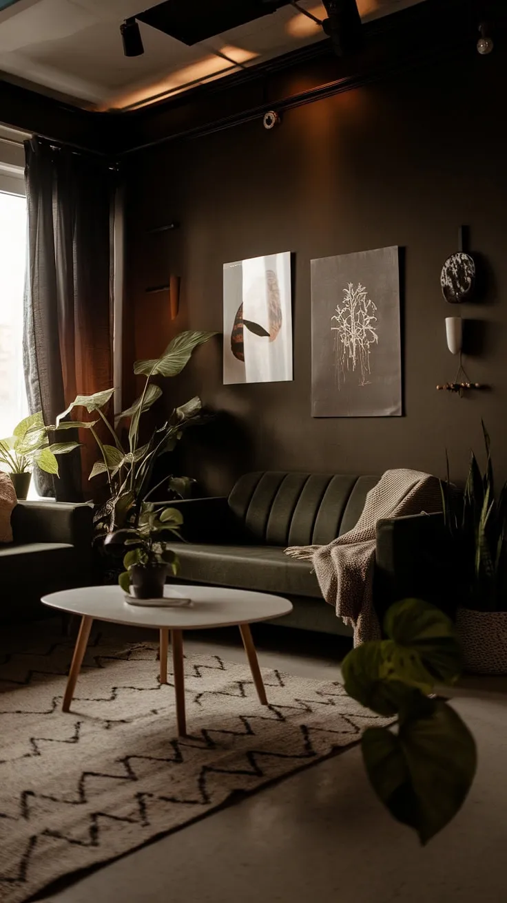 A moody neutral living room with dark walls showcases a cozy minimalist interior design featuring a dark green couch, white coffee table, and modern boho decor for a stylish lounge vibe.