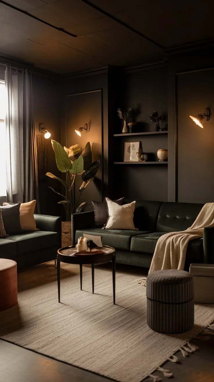 This moody neutral living room showcases a cozy minimalist interior design with dark walls, a dark green sofa, and modern boho decor, creating a warm lounge vibe.