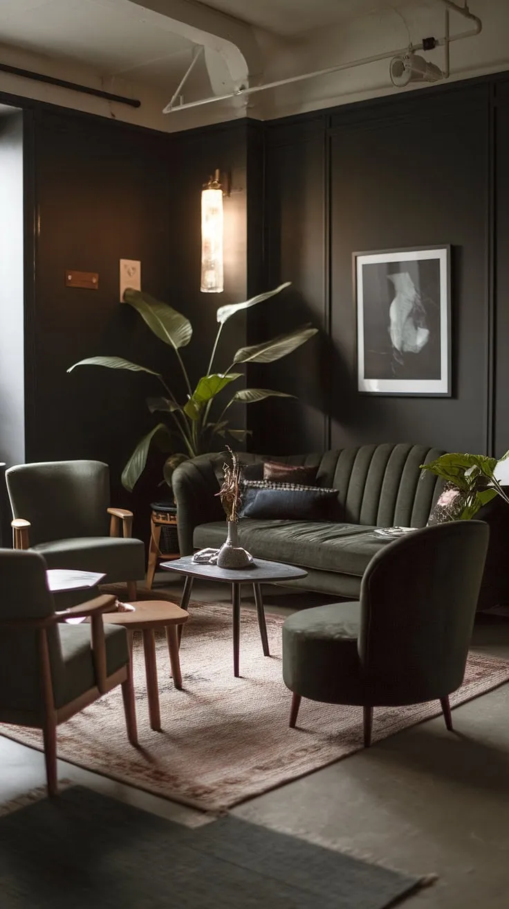 This dark and moody lounge room, illuminated by natural light, combines furniture for dark walls with a cozy minimalist aesthetic for a stylish dark green cozy living room.