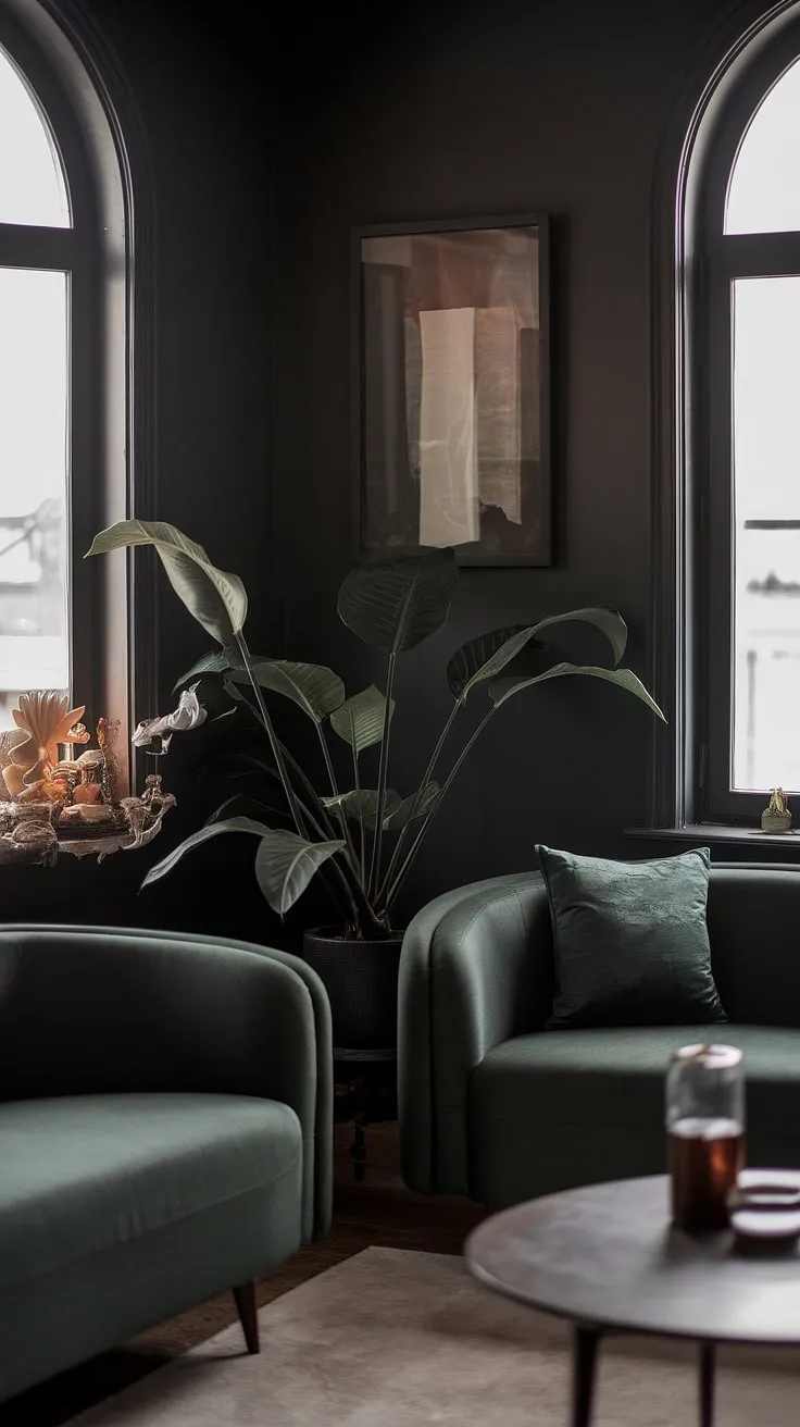 This dark style living room combines a cozy minimalist interior with modern boho decor, showcasing dark walls and a lounge vibe enriched by dark green accents.