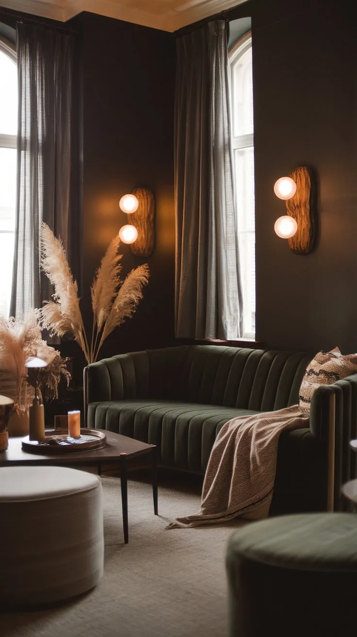 A moody neutral living room with dark walls features a cozy minimalist interior design, highlighted by a dark green velvet sofa and modern boho decor, creating a warm lounge vibe.