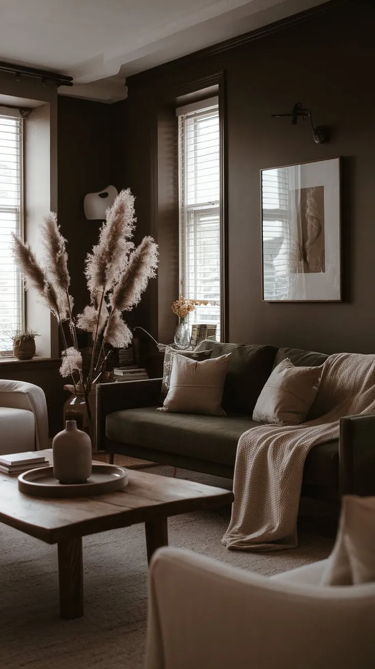 This dark and moody lounge room combines a cozy minimalist aesthetic with natural elements, highlighted by a dark green couch and soft lighting against the dark walls.