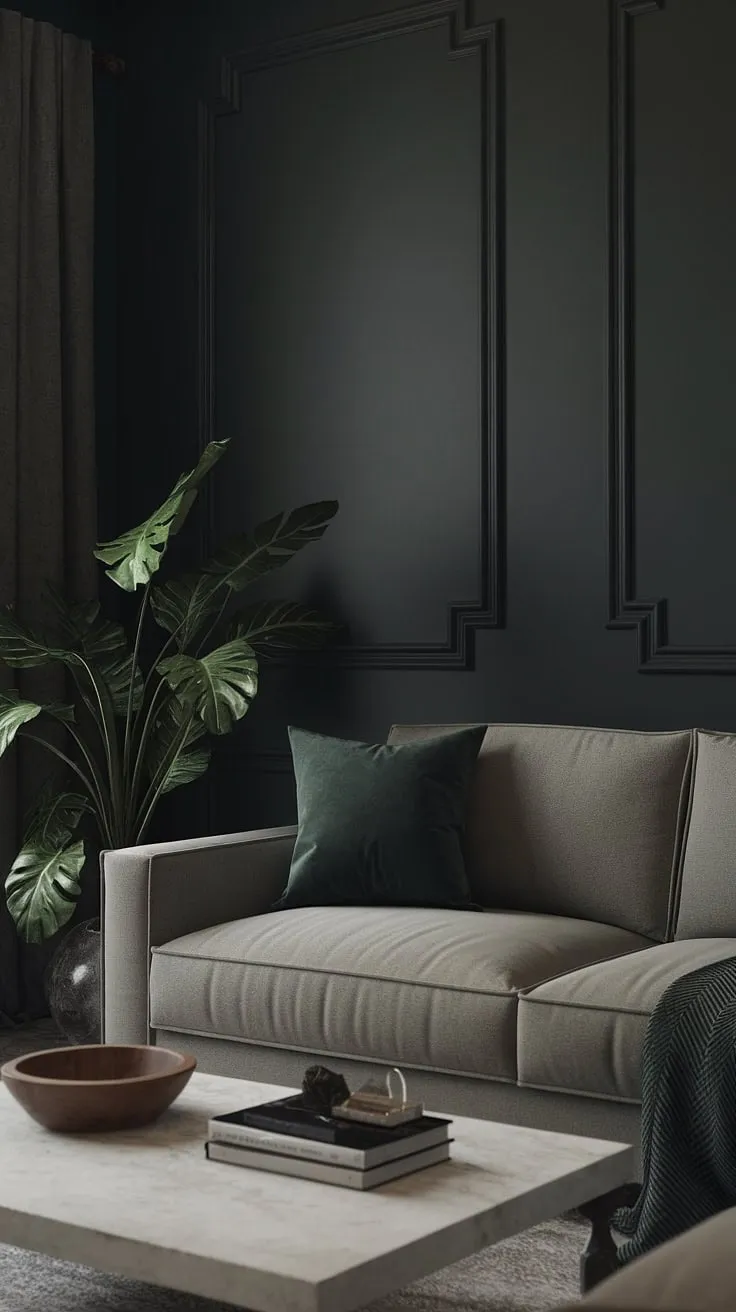 A moody neutral living room with dark green walls features cozy minimalist interior design and modern boho decor, creating a dark and moody lounge room vibe with stylish furniture for dark walls.